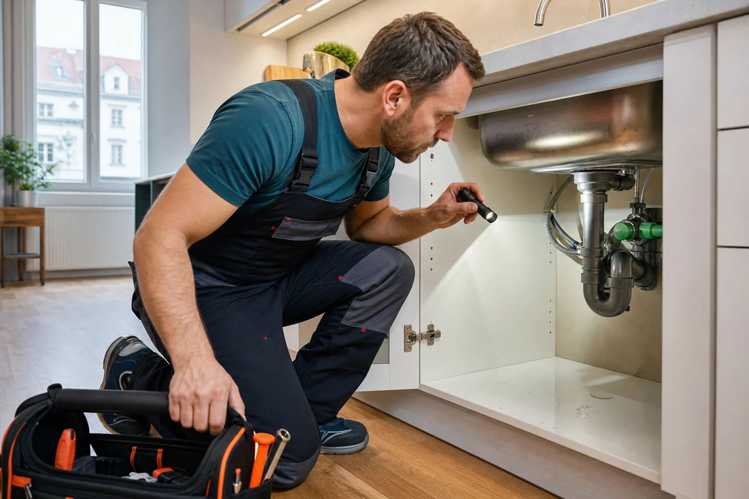 Installateur kontrolliert Rohrverbindung unter einer Spüle